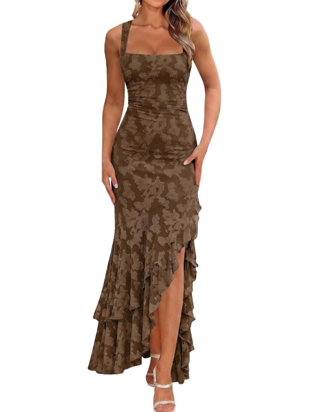 Women's Coffee Floral Maxi Mermaid Ruffle Elegant Ruched Long Dresses Cocktail